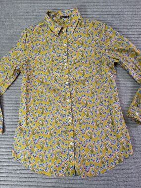 J. McLaughlin Button Down Shirt Womens Medium Yellow Mustard Floral Lightweight